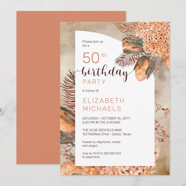 Boho Palm Leaves | Hydrangeas 50th Birthday Party Invitation (Front/Back)