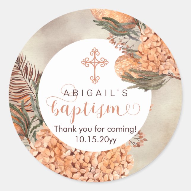 Boho Palm Leaves Hydrangeas Blooms Girl Baptism Classic Round Sticker (Front)