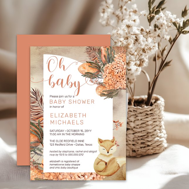 Boho Palm Leaves Hydrangeas Fox Oh Baby Shower Invitation (Boho Palm Leaves and Hydrangeas Sleeping Fox "Oh Baby" Girl Baby Shower Invitation - Print | Digital)