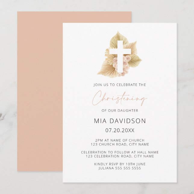Boho Palm Rose Blush Pink Floral Cross Christening Invitation (Front/Back)