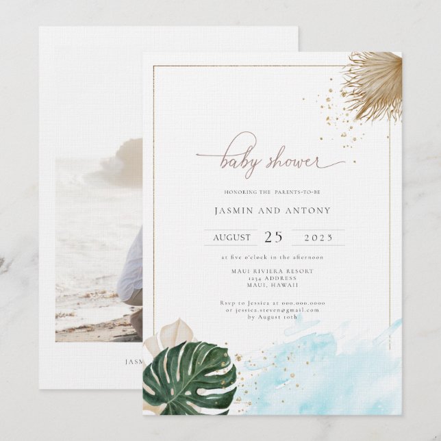 Boho Palm Tropical Baby Shower Photo Invitation (Front/Back)