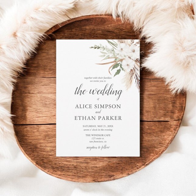 Boho Pampa Grass White Flowers Wedding Invitation (Creator Uploaded)