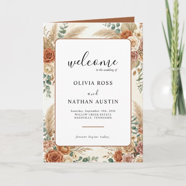 Boho Pampas and Floral Folded Wedding Program (Front)