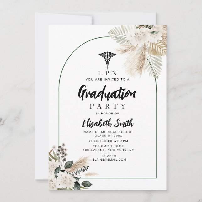 boho pampas and greenery nursing graduation party invitation (Front)