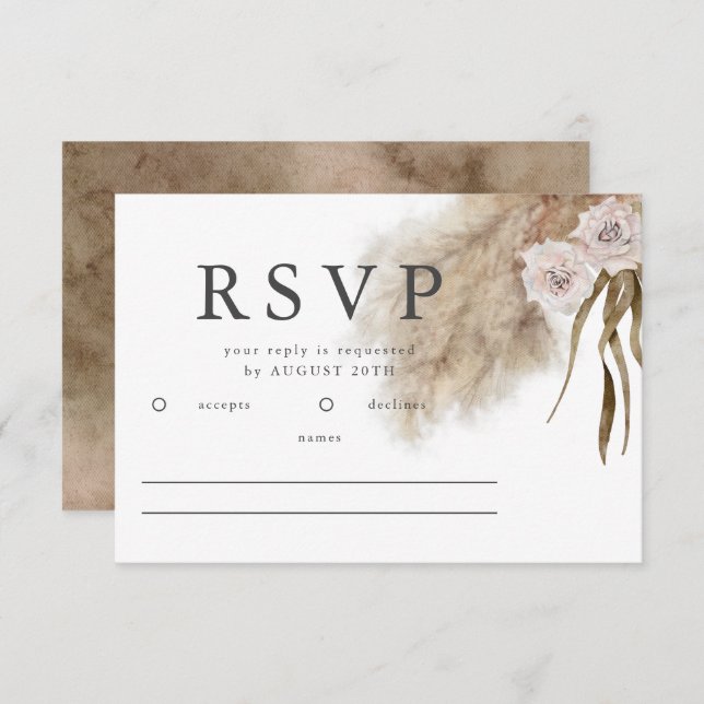 Boho Pampas Aquarelle en laiton Mariage RSVP (Devant / Derrière)