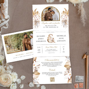 Boho Pampas Arch Photo All in One QR Code Wedding Tri-Fold Invitation