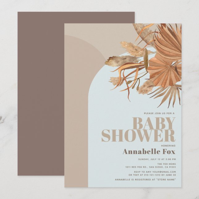 Boho Pampas Baby shower bleu laiton Invitation (Devant / Derrière)