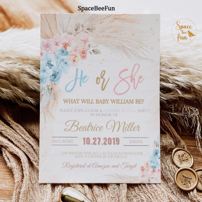 Boho Pampas Baby shower en herbe Invitation Lui ou (Boho Pampas Grass Baby Shower Invitation Bohemian Gender reveal)