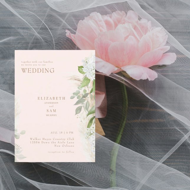 Boho Pampas Blush White Hydraneas Wedding Invitation (Creator Uploaded)