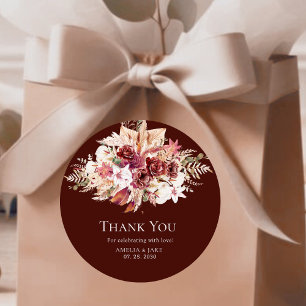 Boho Pampas Burgundy Floral Round Wedding  Classic Round Sticker