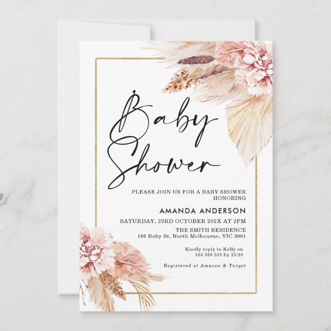 Boho Pampas Cadre en Herbe Baby shower Invitation (Devant)