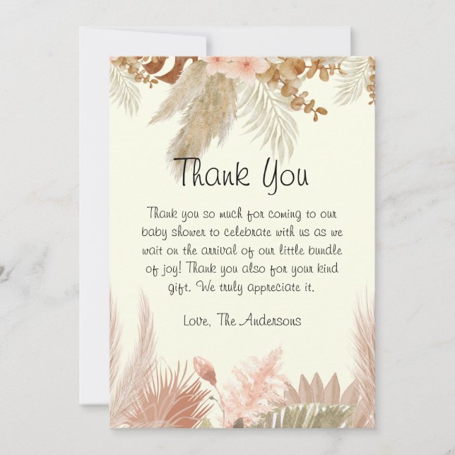 Boho Pampas Carte de remerciements de Baby shower  (Devant)