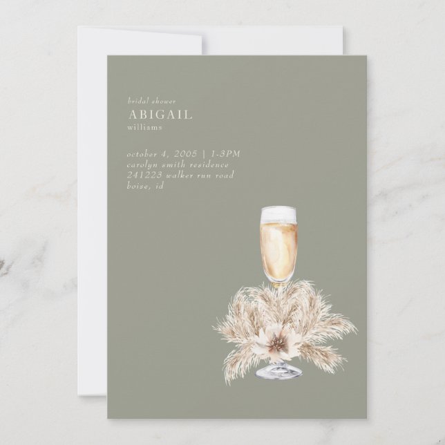 Boho Pampas Champagne Sage/Cream Bridal Shower Invitation (Front)