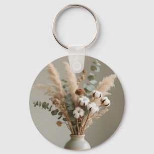 Boho Pampas Cotton Eucalyptus Neutral Floral  Keychain
