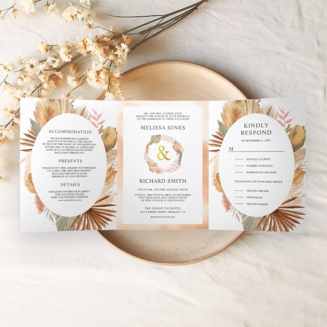 Boho Pampas Dried Palm All in One Wedding Tri-Fold Invitation (Creator Uploaded)