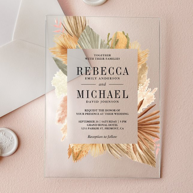 Boho Pampas Dried Palm Wedding Acrylic Invitations (Creator Uploaded)