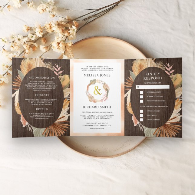 Boho Pampas Dried Palm Wood All in One Wedding Tri-Fold Invitation (Creator Uploaded)