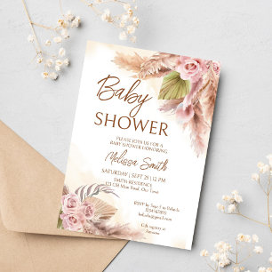 Boho pampas dry grass beige roses baby shower invitation