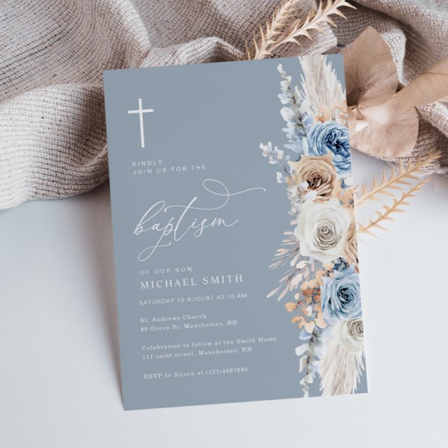 boho pampas dusty bleu floral baptême invitation (Créateur téléchargé)