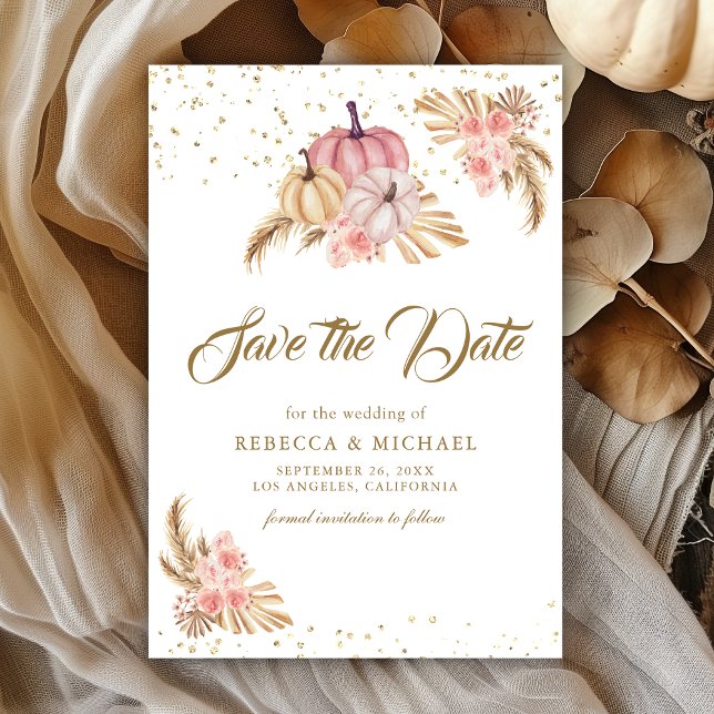 Boho Pampas Dusty Pink Roses Pumpkin Wedding Save The Date (Creator Uploaded)