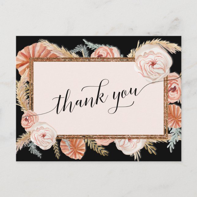 Boho Pampas Elegant Floral Black Tropical Palm Postcard (Front)