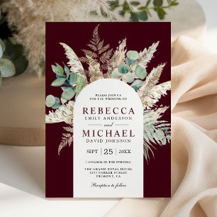 Boho Pampas Eucalyptus Arch Burgundy Wedding Invitation
