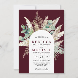 Boho Pampas Eucalyptus Arch Burgundy Wedding Invitation