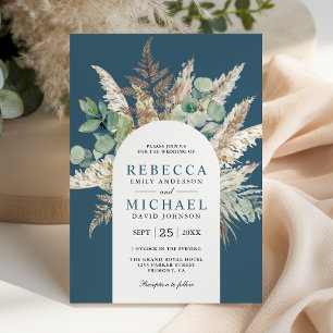 Boho Pampas Eucalyptus Arch Dusty Blue Wedding Invitation