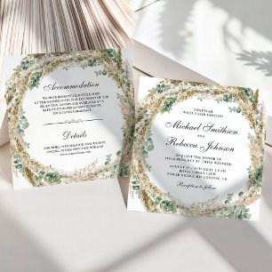 Boho Pampas Eucalyptus Wreath All in One Wedding Invitation