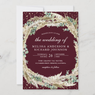 Boho Pampas Eucalyptus Wreath Burgundy Wedding Invitation