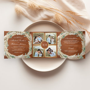 Boho Pampas Eucalyptus Wreath Terracotta Wedding Tri-Fold Invitation