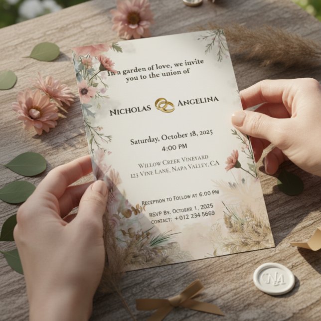 Boho Pampas Faire-part de mariage Floral Grass (Créateur téléchargé)