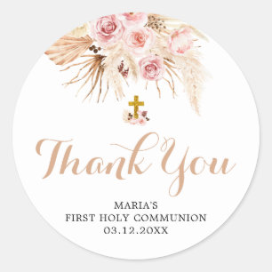 Boho Pampas First Holy Communion Thank You Sticker