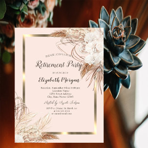 Boho Pampas Flowers,Champagne Glass Retirement Invitation