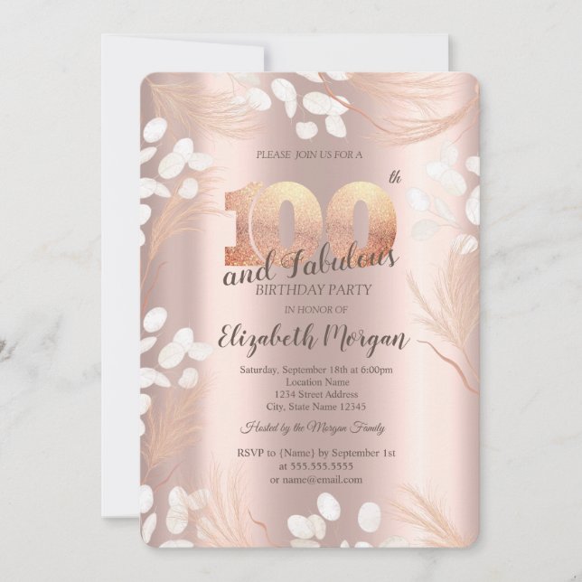 Boho Pampas Flowers Rose Gold 100th Birthday  Invitation (Front)