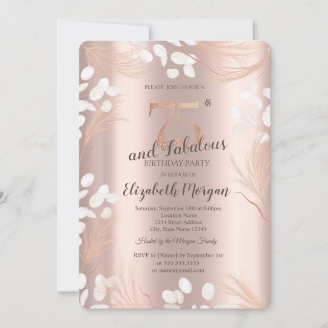 Boho Pampas Flowers Rose Gold 75th Birthday  Invitation (Front)