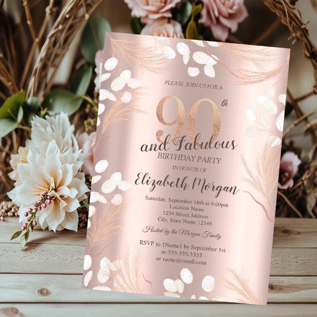Boho Pampas Flowers Rose Gold 90th Birthday  Invitation (Creator Uploaded)