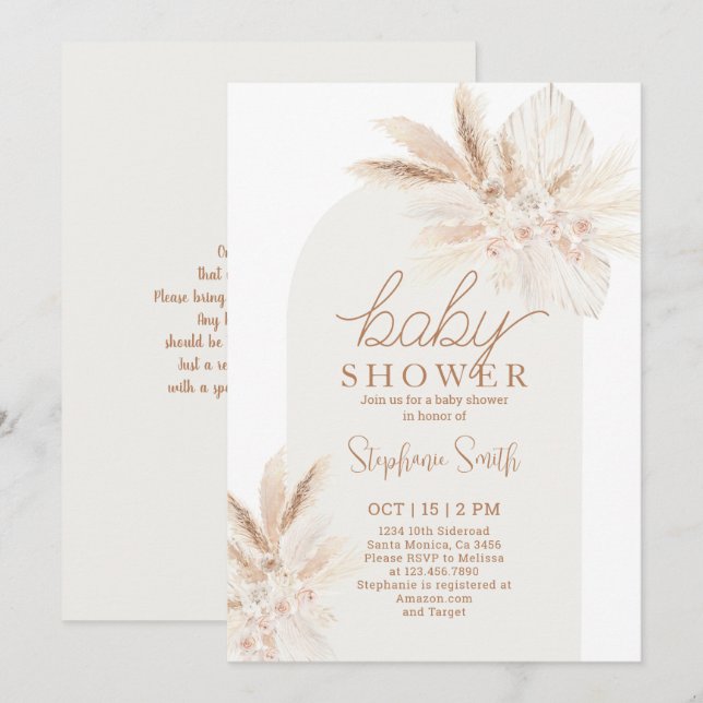 Boho Pampas Genre Neutre Baby shower Invitation (Devant / Derrière)