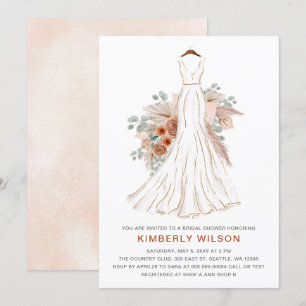 Boho Pampas Glitter Wedding Dress Bridal Shower Invitation