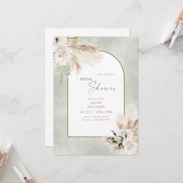 Boho Pampas Gold Geometric Sage Bridal   Invitation (Front/Back In Situ)