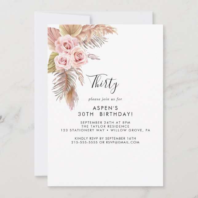 Boho Pampas Grass 30th Birthday Invitation (Front)