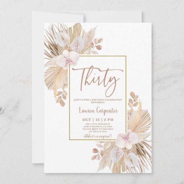 Boho Pampas Grass 30th Birthday Invitation (Front)