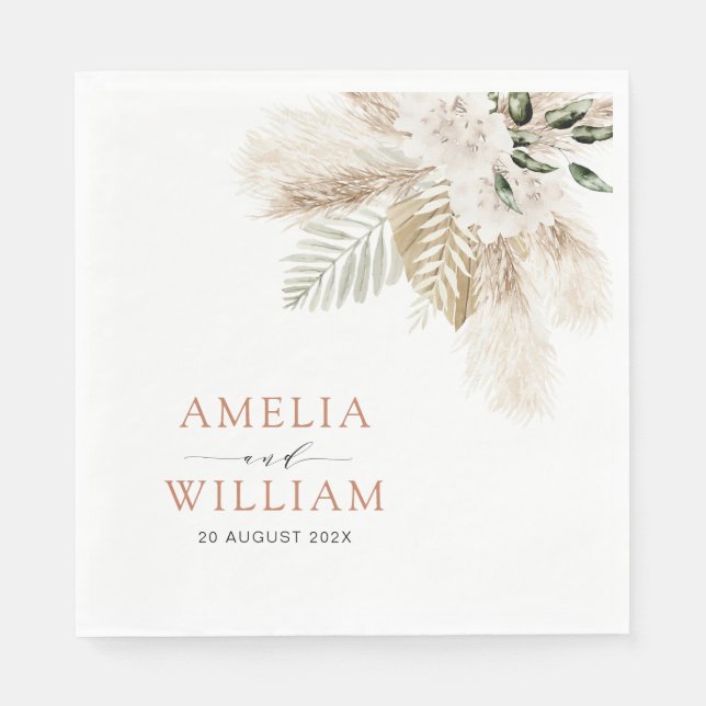 boho pampas grass and greenery wedding napkin (Front)