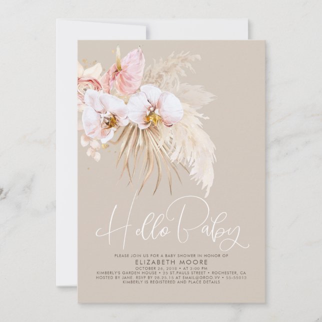 Boho Pampas Grass and Tropical Flowers Baby Shower Invitation (Front)