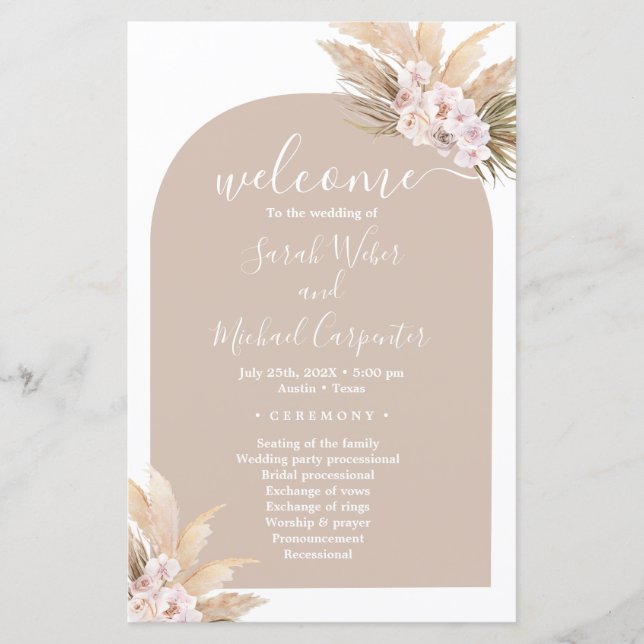 Boho Pampas Grass Arc programme de mariage (Devant)