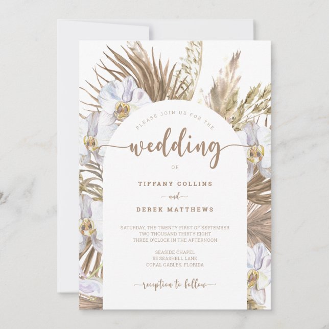 Boho Pampas Grass Arch Photo Wedding Invitation (Front)