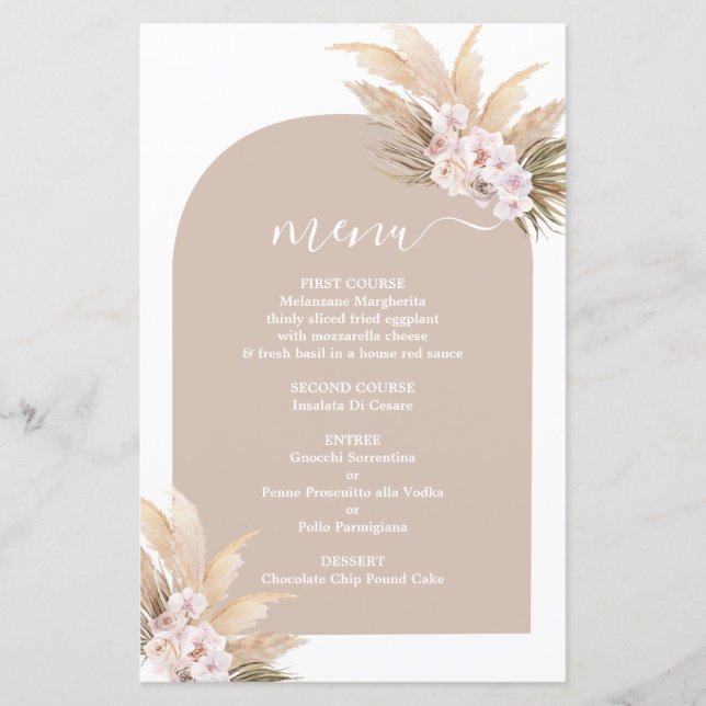 Boho Pampas Grass Arch wedding Menu Card (Front)