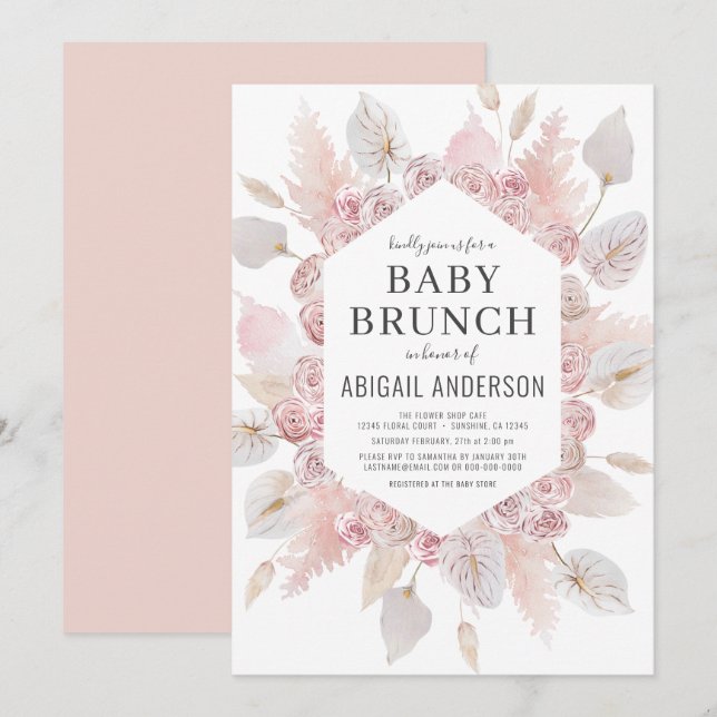 Boho Pampas Grass Baby Brunch Elégante Invitation (Devant / Derrière)