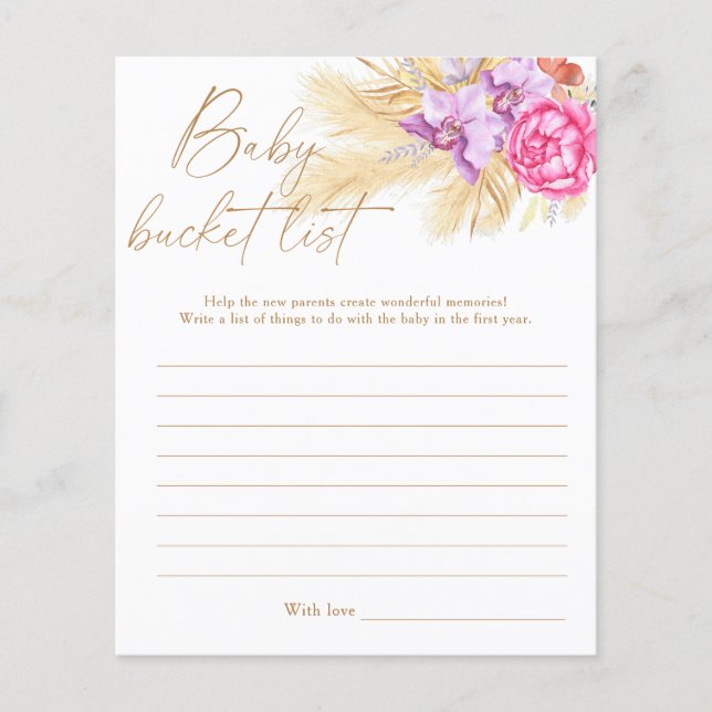Boho pampas grass - Baby bucket list game (Front)