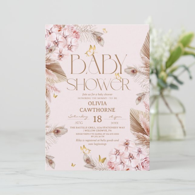  Boho Pampas Grass  Baby Shower  Invitation (Standing Front)
